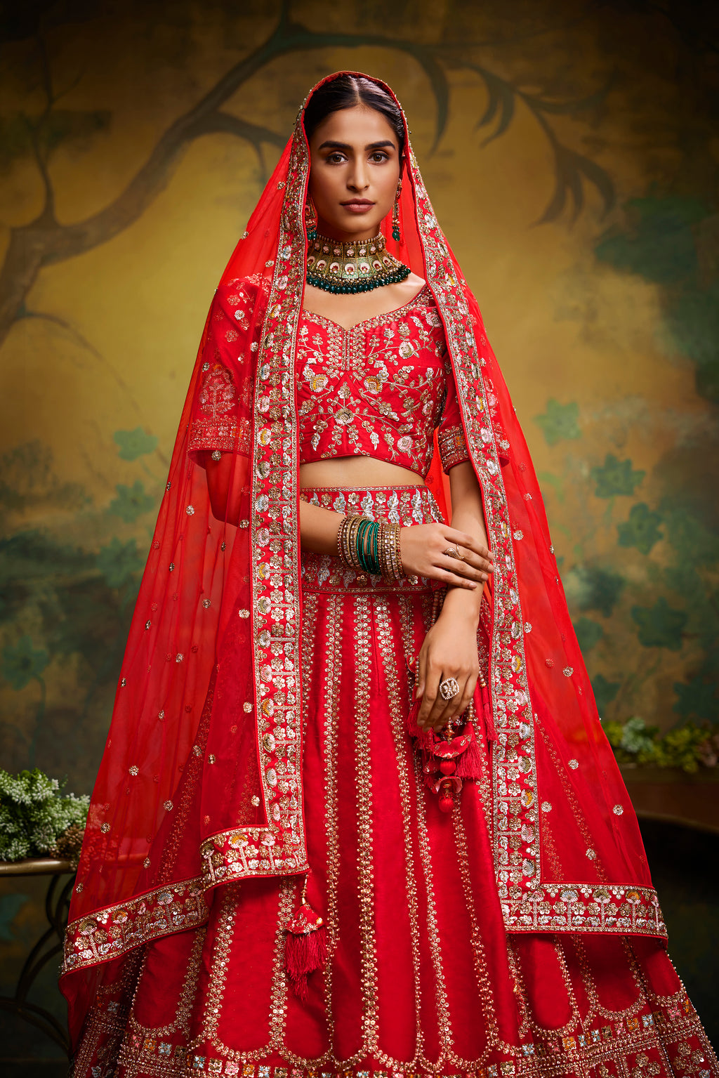 Red Pure Silk Moti & Zarkan heavy embroidery Semi-Stitched Lehenga choli & Dupatta Clothsvilla