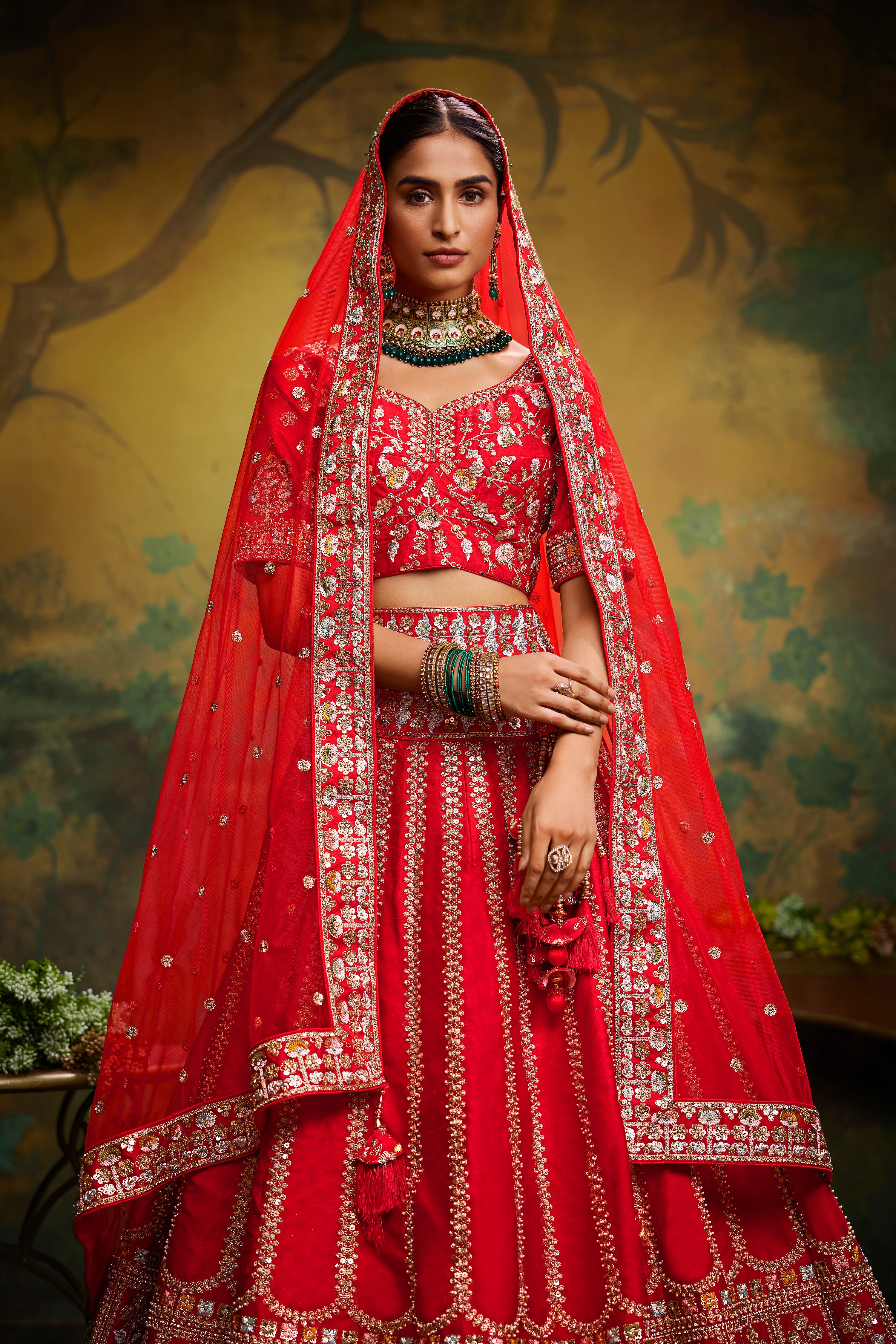 Red Pure Silk Moti & Zarkan heavy embroidery Semi-Stitched Lehenga choli & Dupatta Clothsvilla