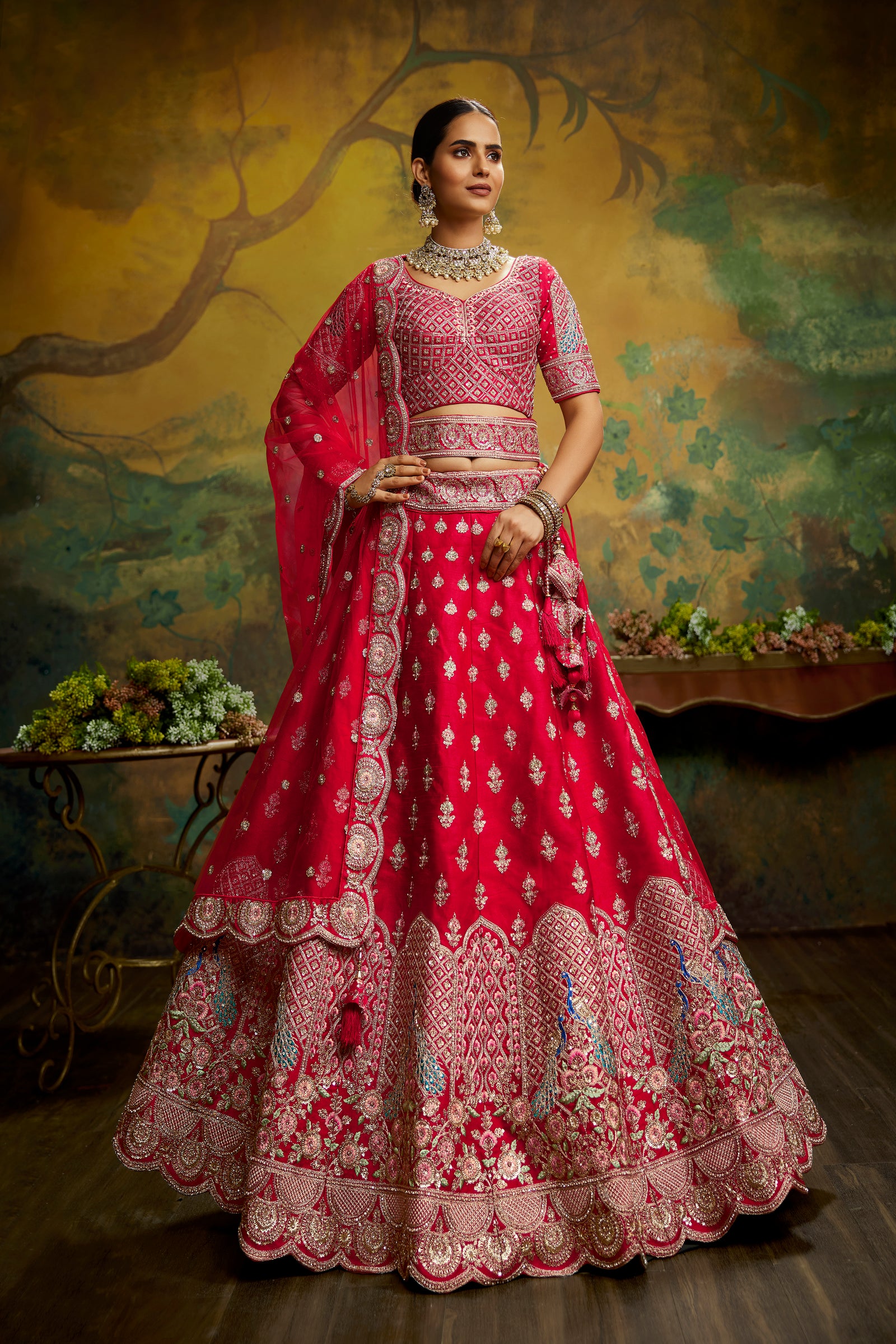 Red Pure Silk Moti & Zarkan heavy embroidery Semi-Stitched Lehenga choli & Dupatta Clothsvilla