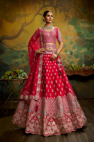 Red Pure Silk Moti & Zarkan heavy embroidery Semi-Stitched Lehenga choli & Dupatta Clothsvilla