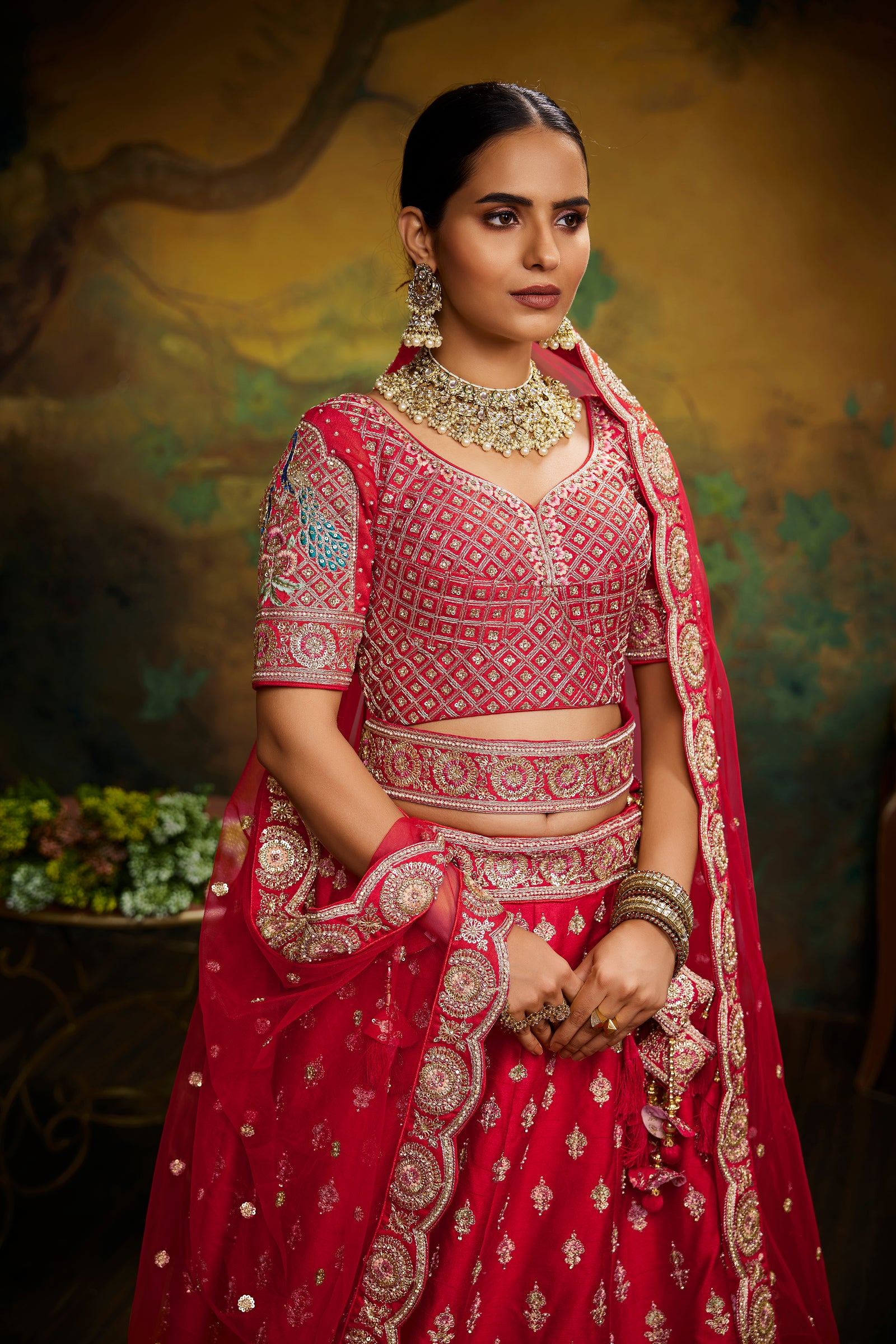 Red Pure Silk Moti & Zarkan heavy embroidery Semi-Stitched Lehenga choli & Dupatta Clothsvilla