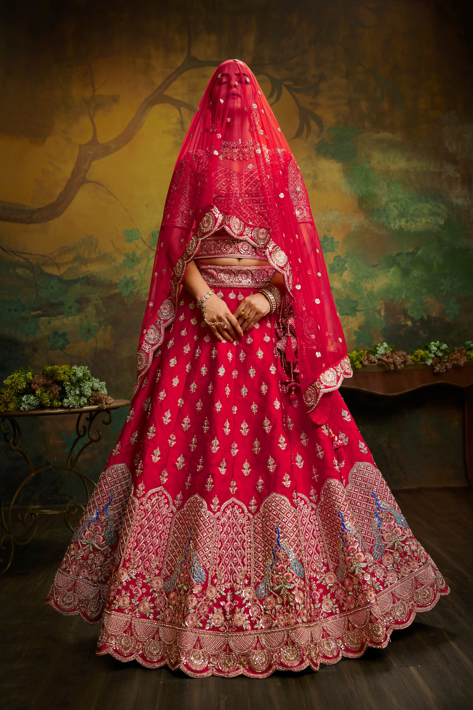 Red Pure Silk Moti & Zarkan heavy embroidery Semi-Stitched Lehenga choli & Dupatta Clothsvilla