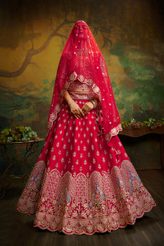 Red Pure Silk Moti & Zarkan heavy embroidery Semi-Stitched Lehenga choli & Dupatta Clothsvilla