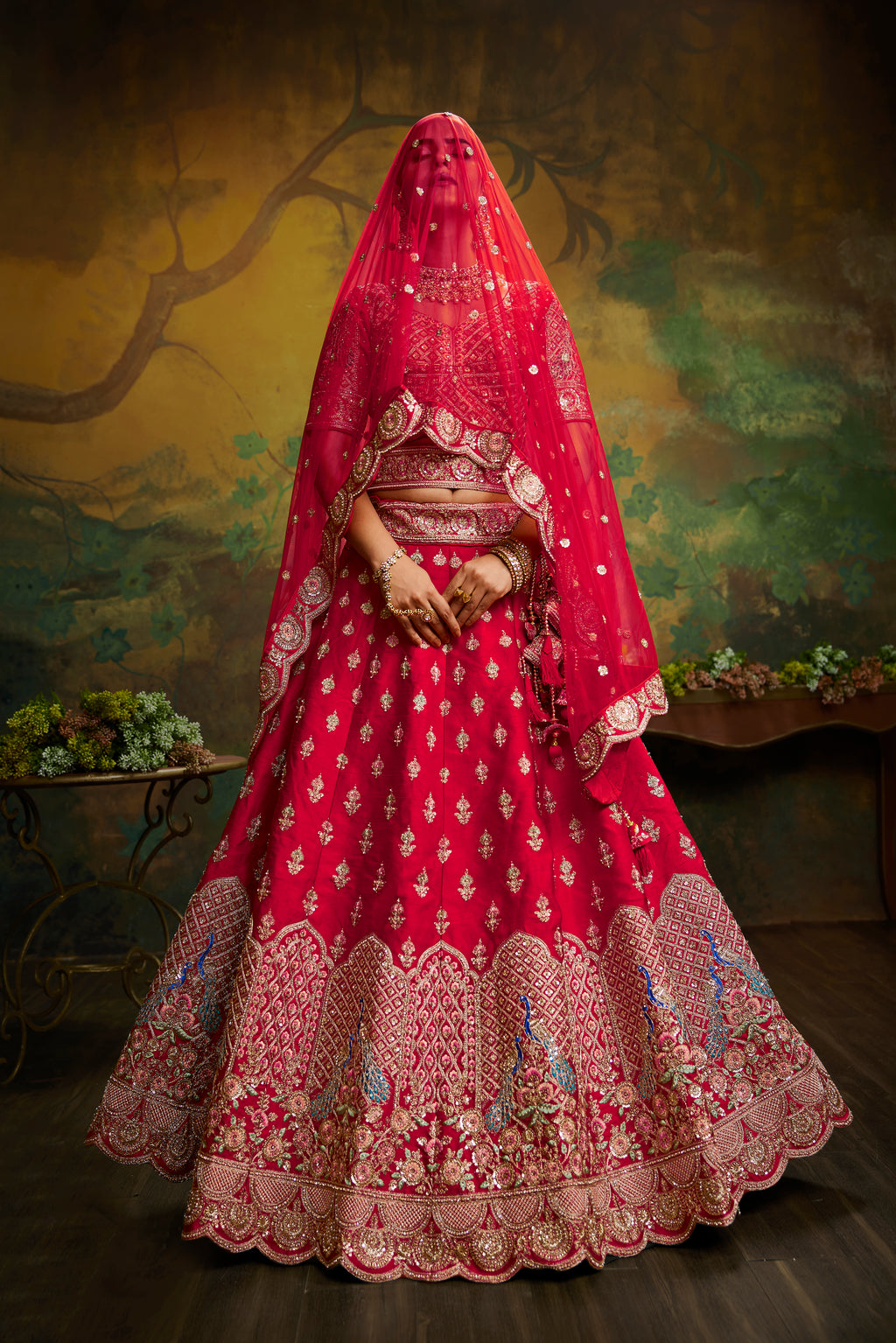 Red Pure Silk Moti & Zarkan heavy embroidery Semi-Stitched Lehenga choli & Dupatta Clothsvilla