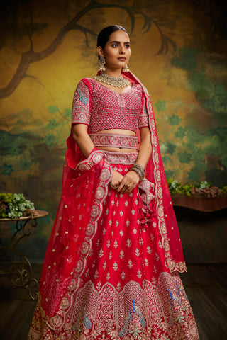 Red Pure Silk Moti & Zarkan heavy embroidery Semi-Stitched Lehenga choli & Dupatta Clothsvilla