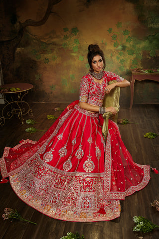 Red Pure Silk Moti & Zarkan heavy embroidery Semi-Stitched Lehenga choli & Dupatta Clothsvilla
