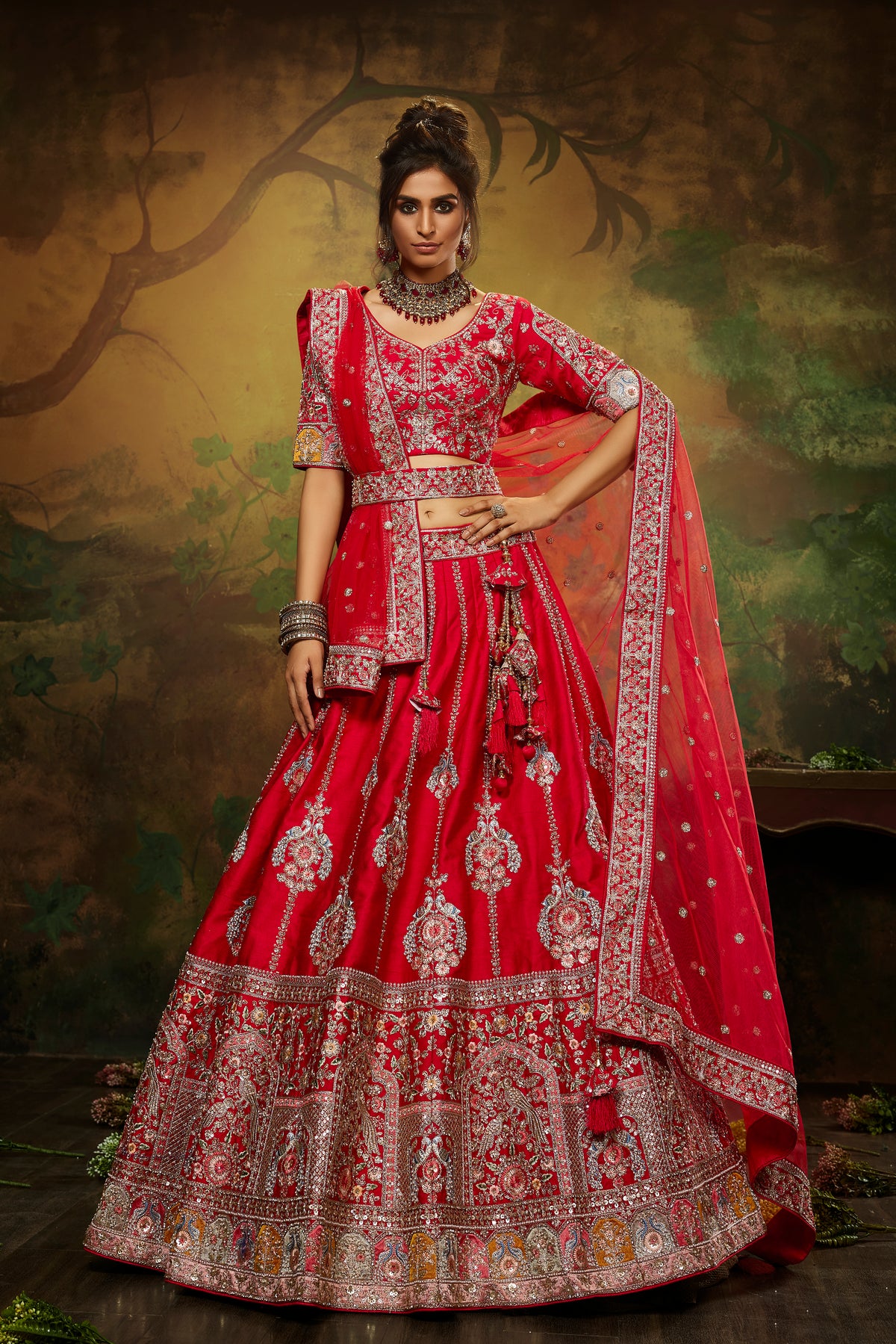 Red Pure Silk Moti & Zarkan heavy embroidery Semi-Stitched Lehenga choli & Dupatta Clothsvilla Main image