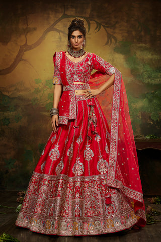 Red Pure Silk Moti & Zarkan heavy embroidery Semi-Stitched Lehenga choli & Dupatta Clothsvilla