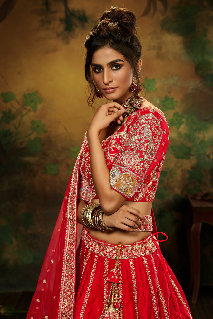 Red Pure Silk Moti & Zarkan heavy embroidery Semi-Stitched Lehenga choli & Dupatta Clothsvilla