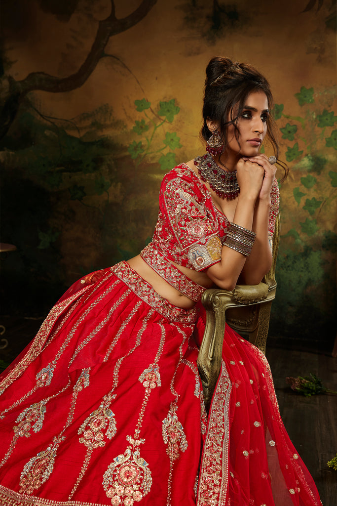 Red Pure Silk Moti & Zarkan heavy embroidery Semi-Stitched Lehenga choli & Dupatta Clothsvilla