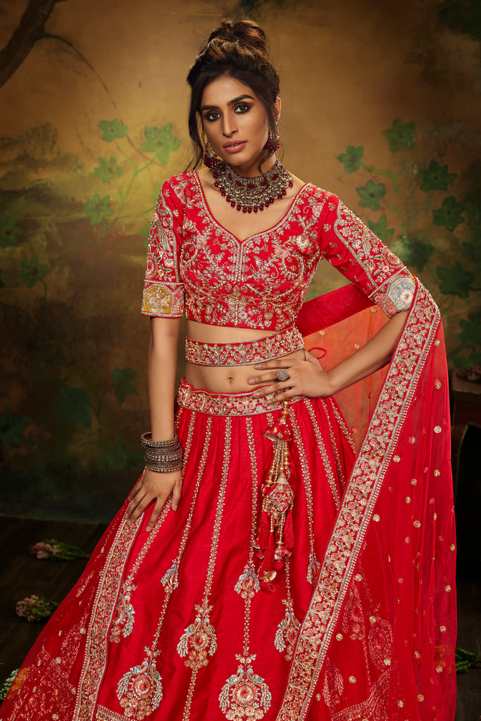 Red Pure Silk Moti & Zarkan heavy embroidery Semi-Stitched Lehenga choli & Dupatta Clothsvilla