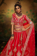 Load image into Gallery viewer, Red Pure Silk Moti &amp; Zarkan heavy embroidery Semi-Stitched Lehenga choli &amp; Dupatta Clothsvilla