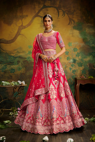 Red Pure Silk Moti & Zarkan heavy embroidery Semi-Stitched Lehenga choli & Dupatta ClothsVilla