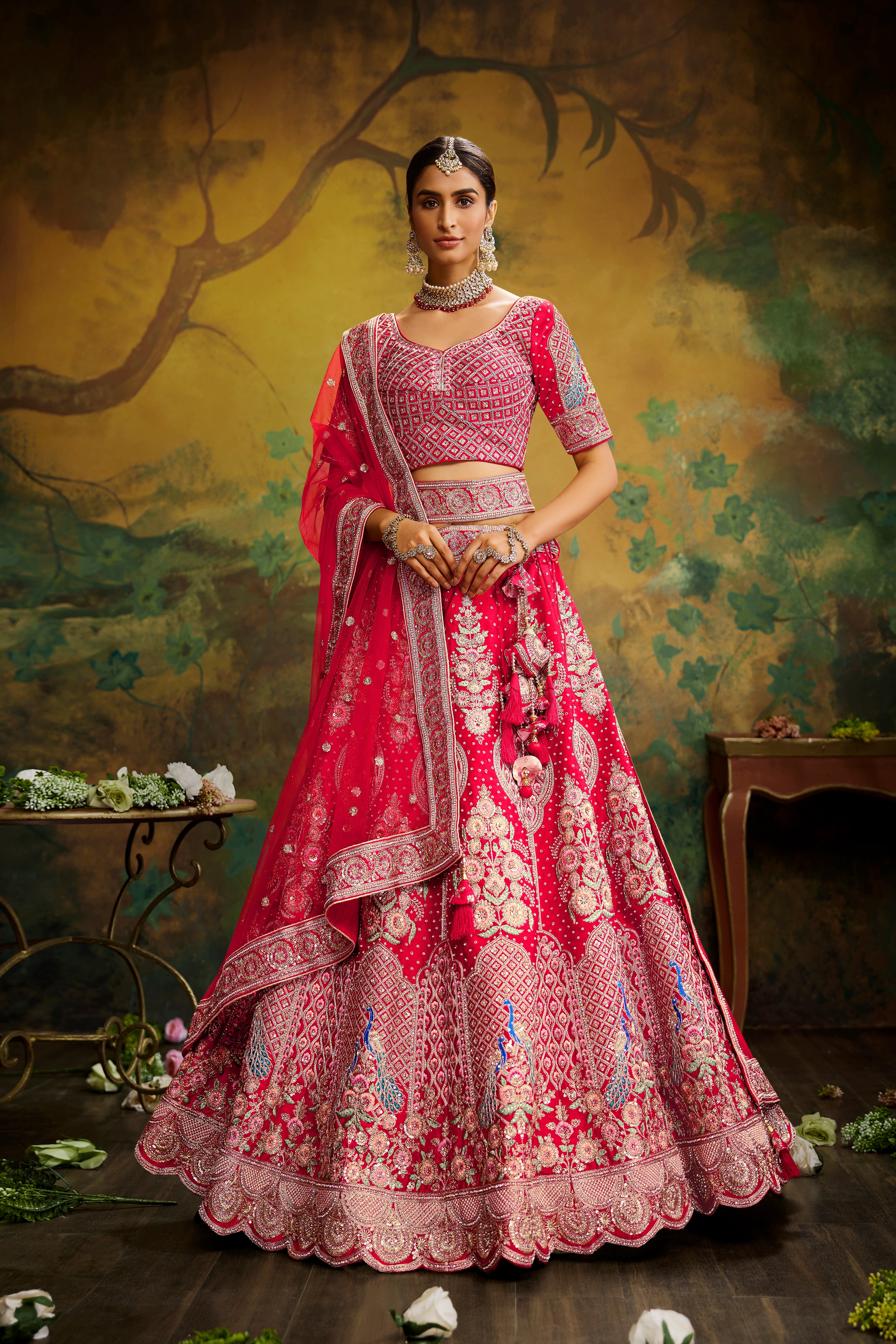 Red Pure Silk Moti & Zarkan heavy embroidery Semi-Stitched Lehenga choli & Dupatta ClothsVilla