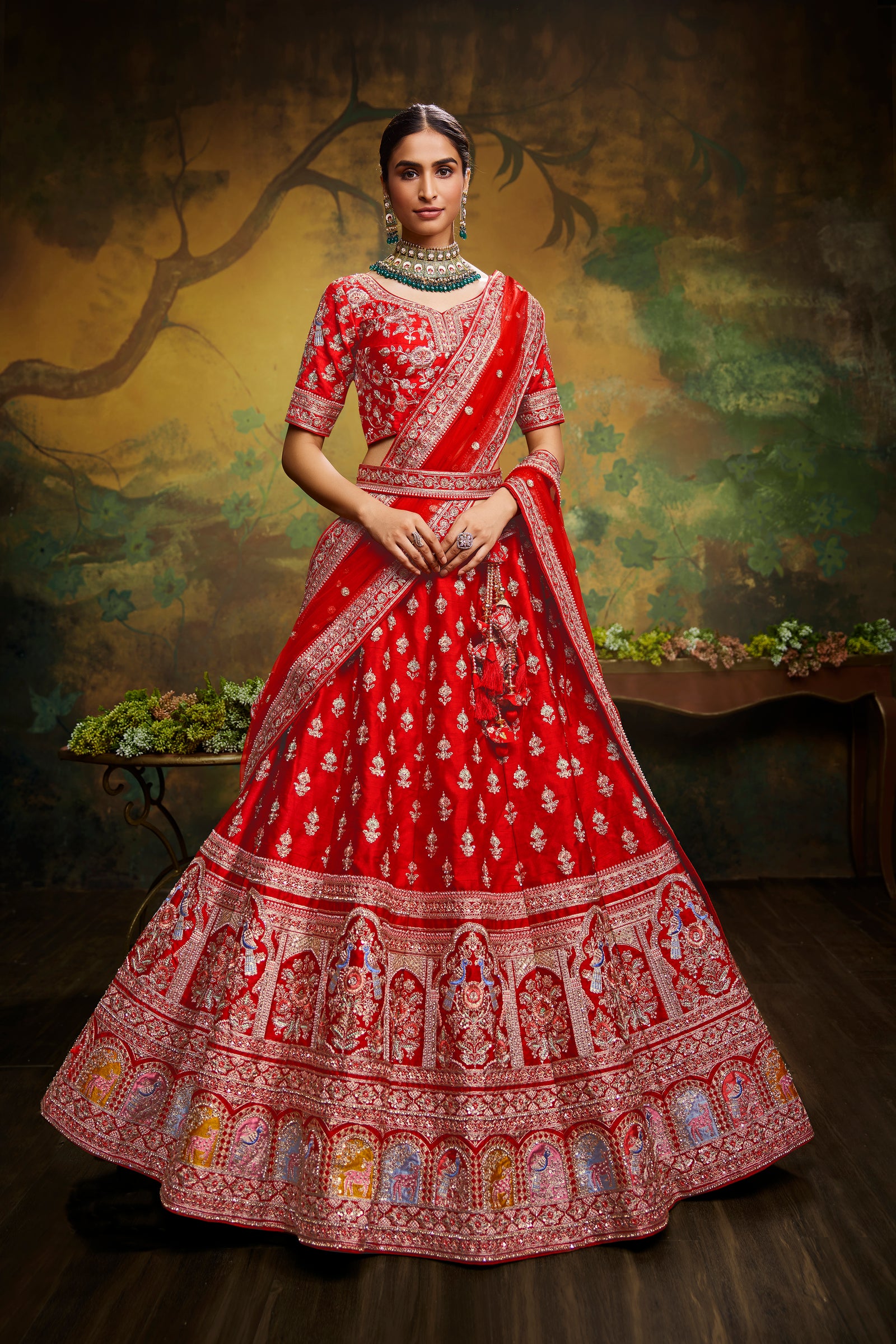 Red Pure Silk Moti & Zarkan heavy embroidery Semi-Stitched Lehenga choli & Dupatta ClothsVilla