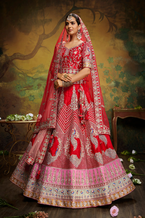 Red Pure Silk Moti & Zarkan heavy embroidery Semi-Stitched Lehenga choli & Dupatta - ClothsVilla.com Main image