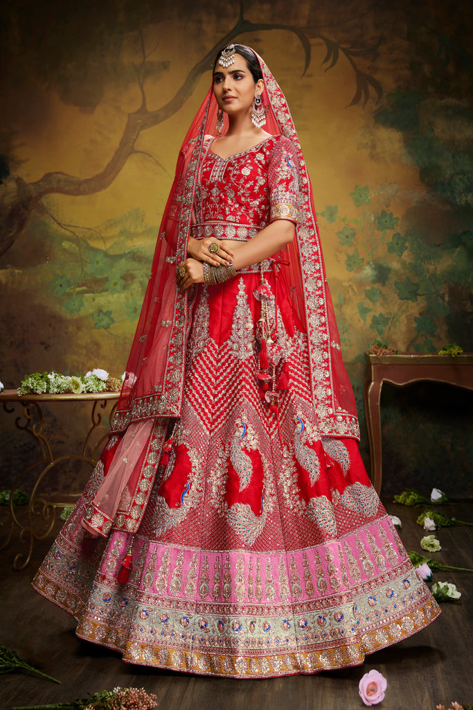 Red Pure Silk Moti & Zarkan heavy embroidery Semi-Stitched Lehenga choli & Dupatta - ClothsVilla.com