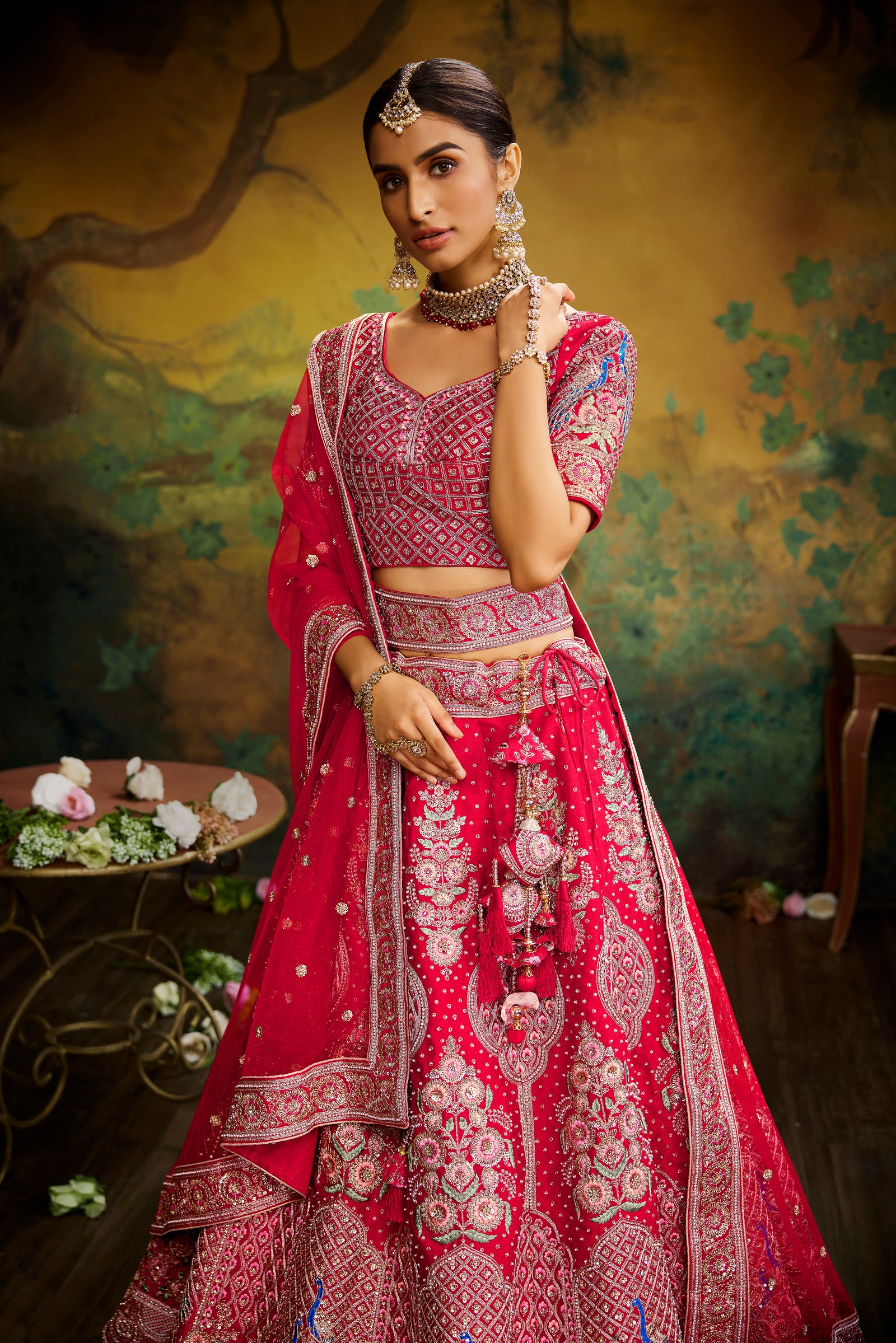 Red Pure Silk Moti & Zarkan heavy embroidery Semi-Stitched Lehenga choli & Dupatta ClothsVilla