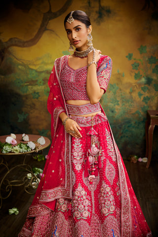 Red Pure Silk Moti & Zarkan heavy embroidery Semi-Stitched Lehenga choli & Dupatta ClothsVilla