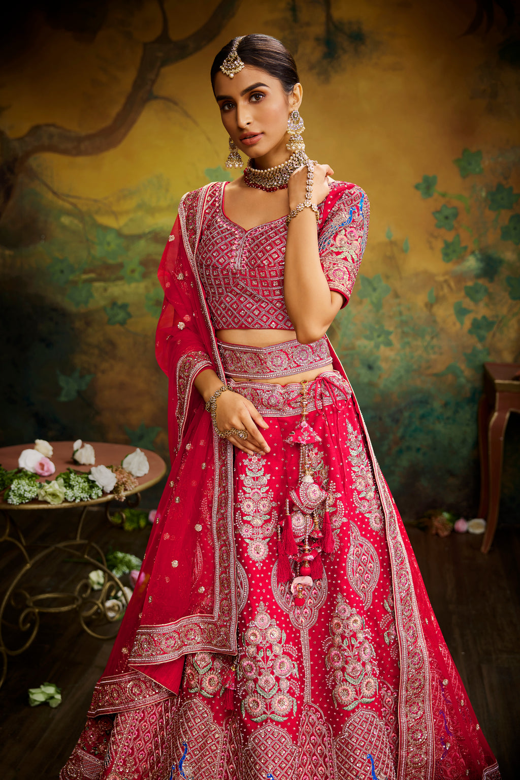 Red Pure Silk Moti & Zarkan heavy embroidery Semi-Stitched Lehenga choli & Dupatta ClothsVilla