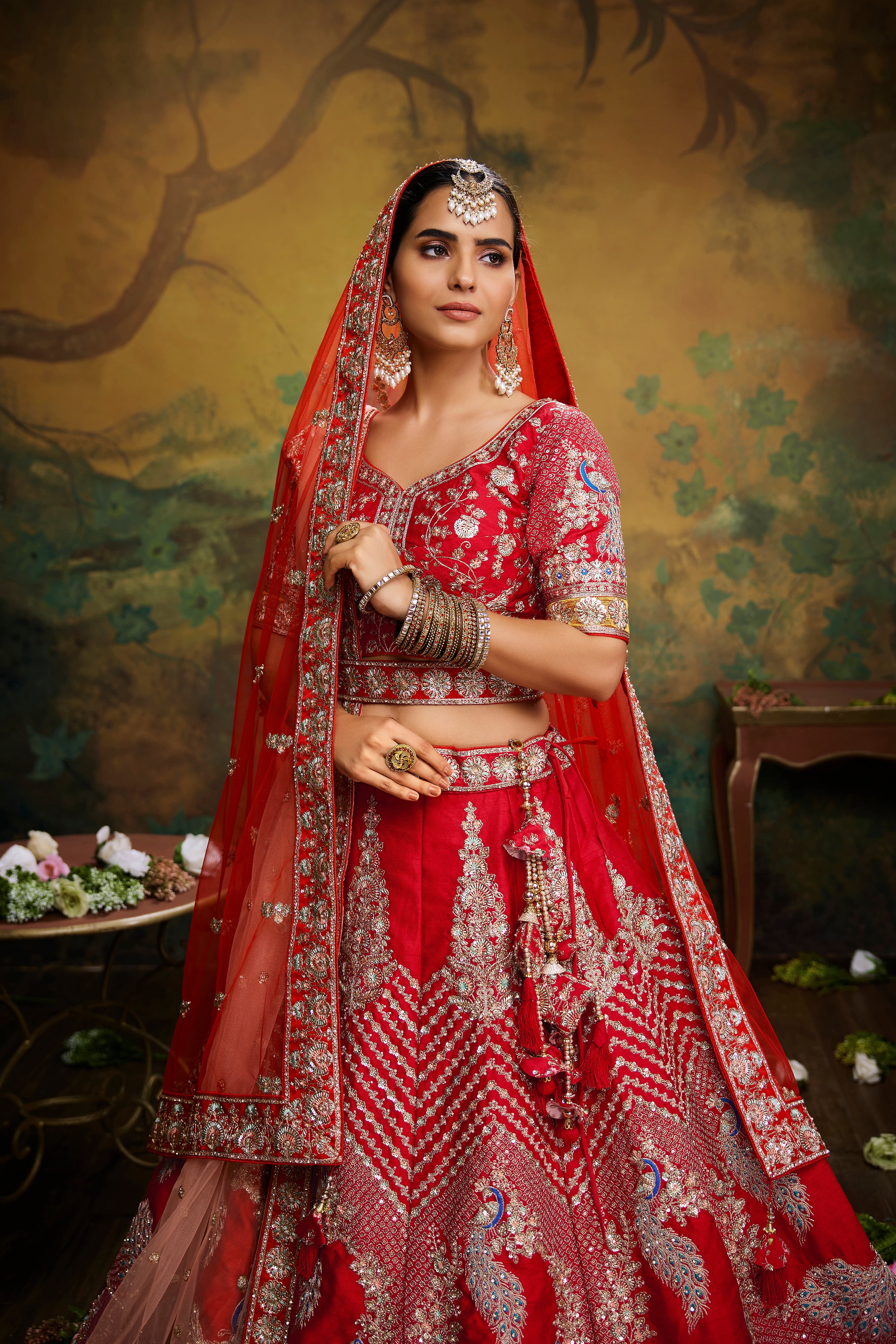 Red Pure Silk Moti & Zarkan heavy embroidery Semi-Stitched Lehenga choli & Dupatta - ClothsVilla.com