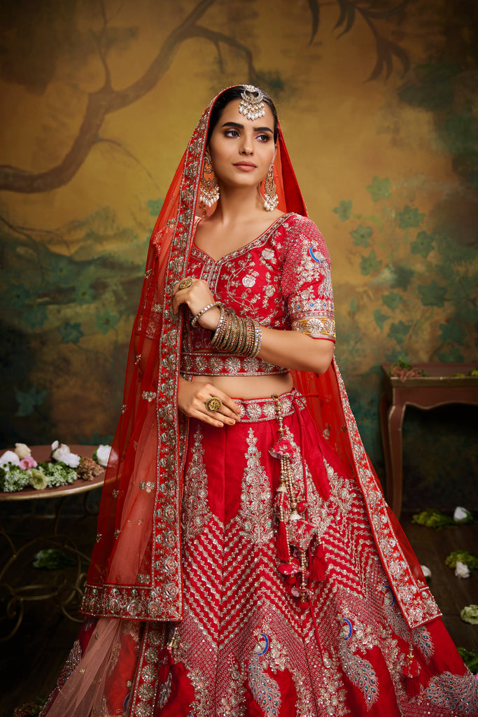 Red Pure Silk Moti & Zarkan heavy embroidery Semi-Stitched Lehenga choli & Dupatta - ClothsVilla.com