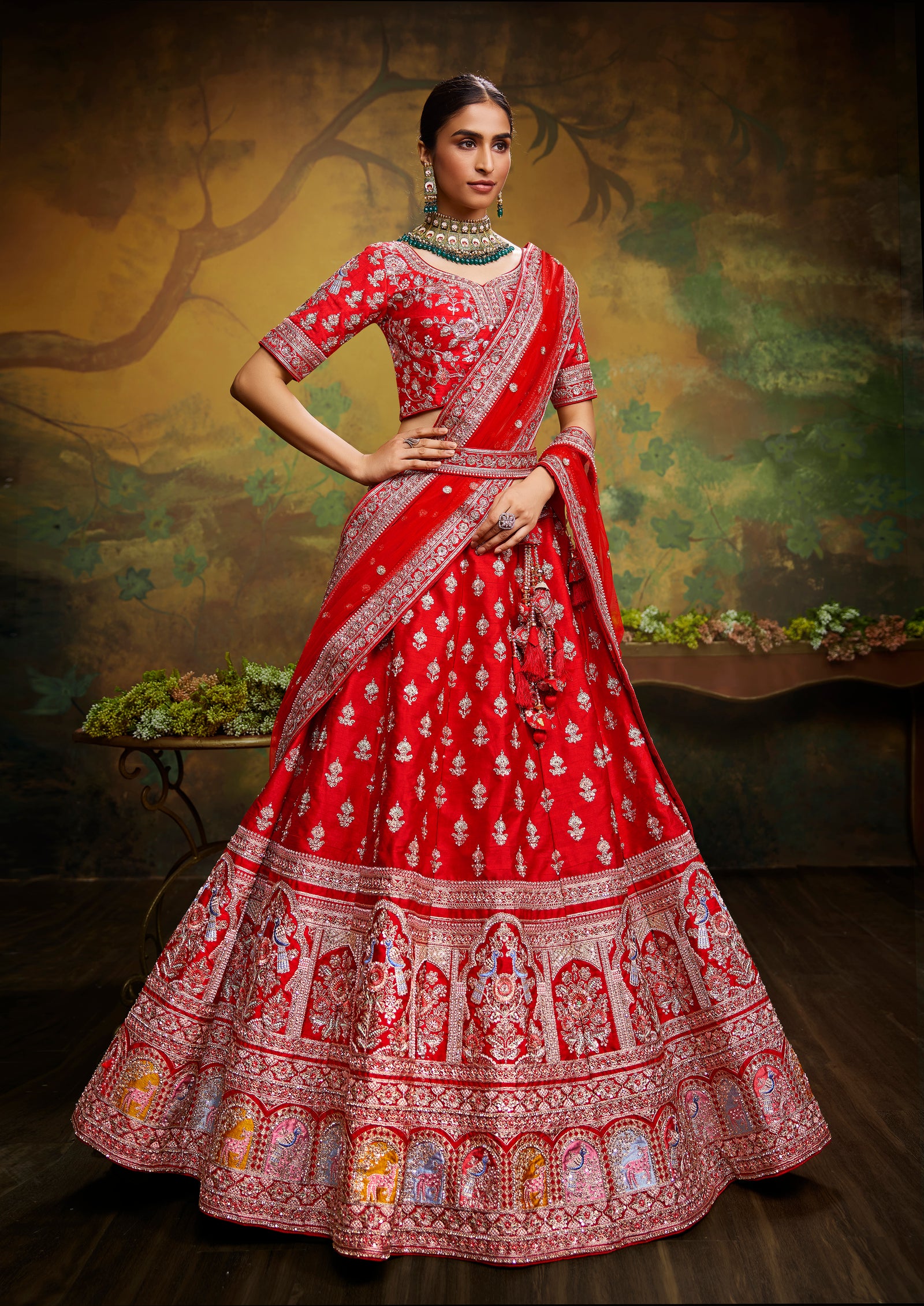 Red Pure Silk Moti & Zarkan heavy embroidery Semi-Stitched Lehenga choli & Dupatta ClothsVilla