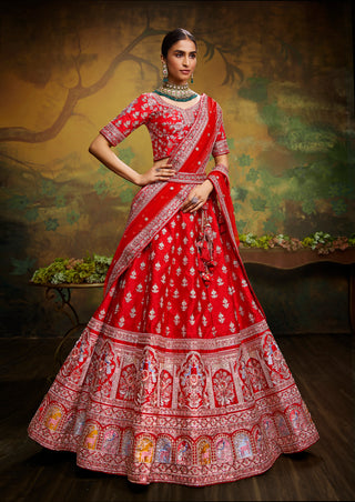 Red Pure Silk Moti & Zarkan heavy embroidery Semi-Stitched Lehenga choli & Dupatta ClothsVilla