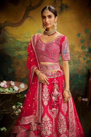 Red Pure Silk Moti & Zarkan heavy embroidery Semi-Stitched Lehenga choli & Dupatta ClothsVilla