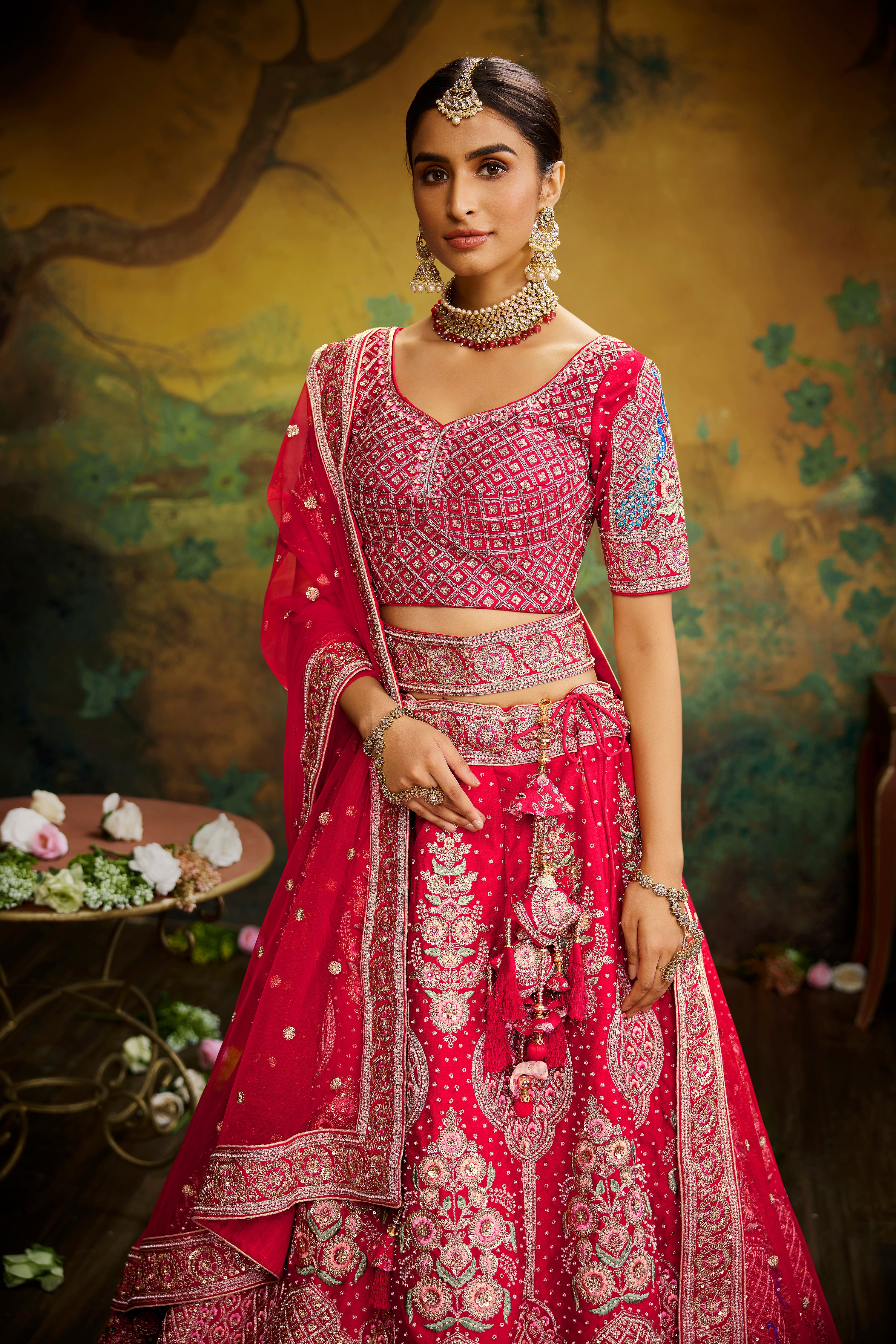 Red Pure Silk Moti & Zarkan heavy embroidery Semi-Stitched Lehenga choli & Dupatta ClothsVilla