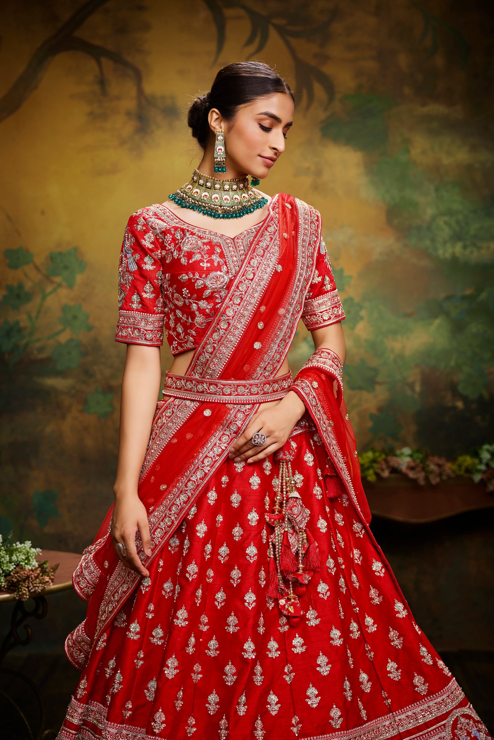 Red Pure Silk Moti & Zarkan heavy embroidery Semi-Stitched Lehenga choli & Dupatta ClothsVilla