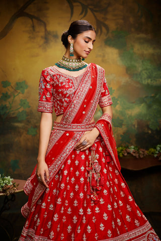 Red Pure Silk Moti & Zarkan heavy embroidery Semi-Stitched Lehenga choli & Dupatta ClothsVilla