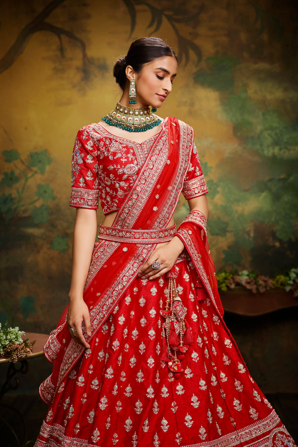 Red Pure Silk Moti & Zarkan heavy embroidery Semi-Stitched Lehenga choli & Dupatta ClothsVilla