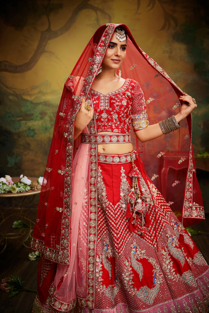 Red Pure Silk Moti & Zarkan heavy embroidery Semi-Stitched Lehenga choli & Dupatta ClothsVilla