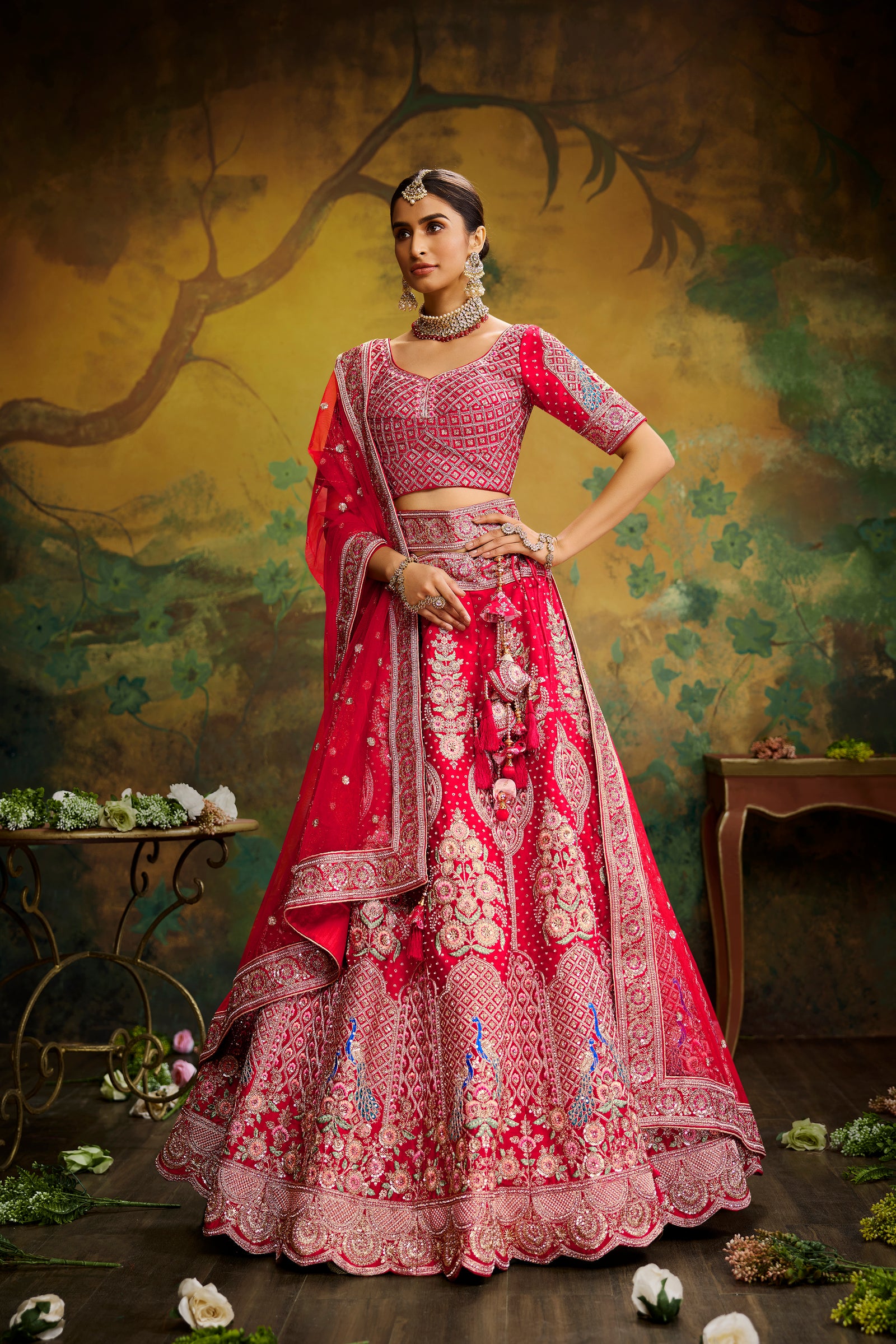 Red Pure Silk Moti & Zarkan heavy embroidery Semi-Stitched Lehenga choli & Dupatta ClothsVilla