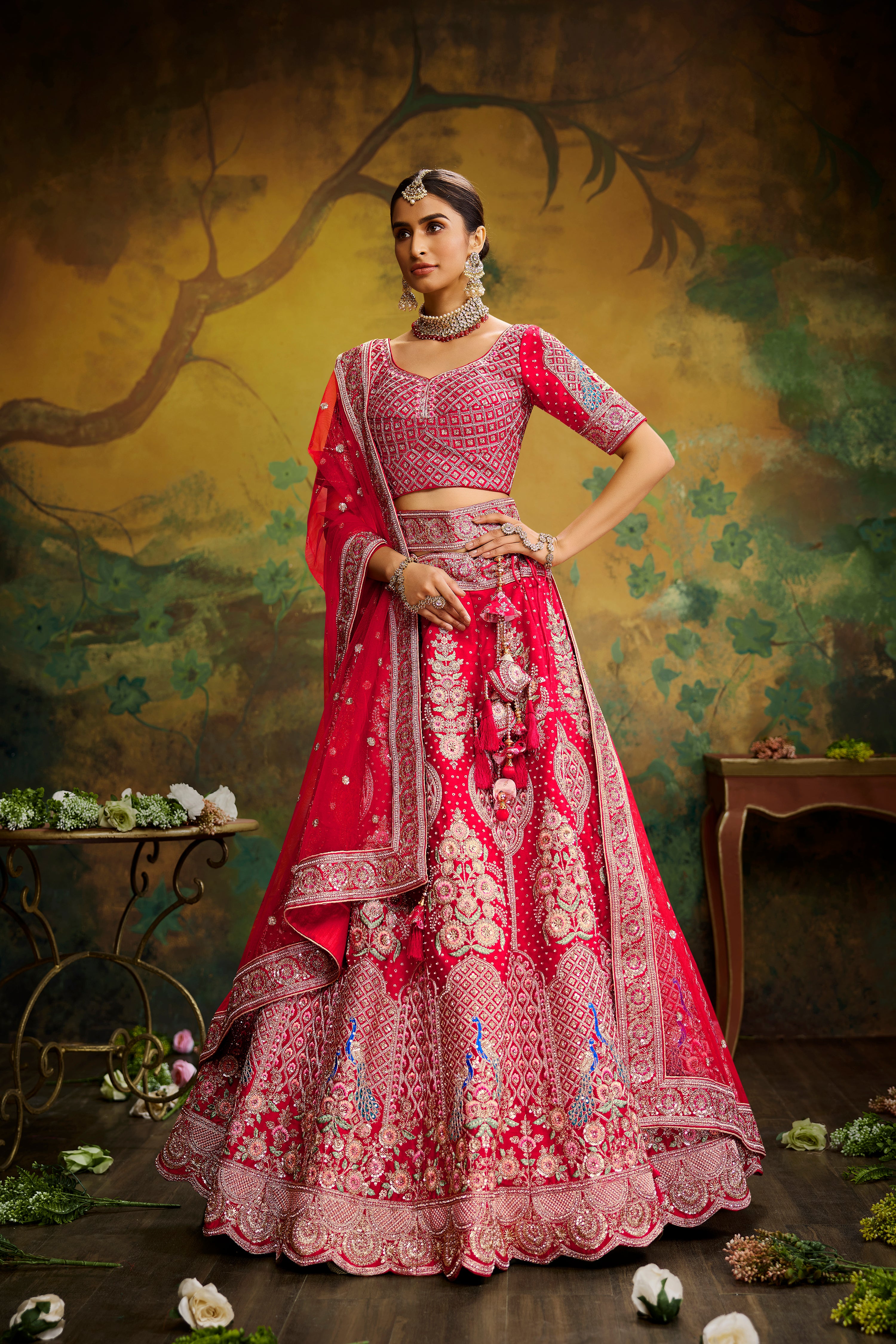 Red Pure Silk Moti & Zarkan heavy embroidery Semi-Stitched Lehenga choli & Dupatta ClothsVilla