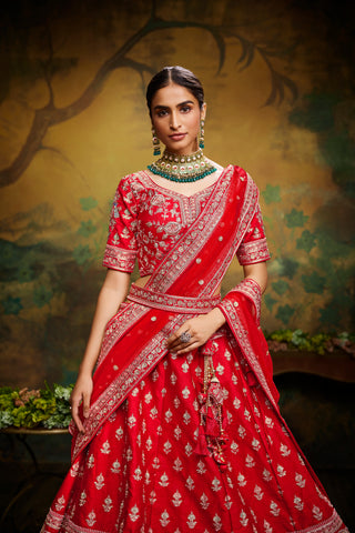 Red Pure Silk Moti & Zarkan heavy embroidery Semi-Stitched Lehenga choli & Dupatta ClothsVilla