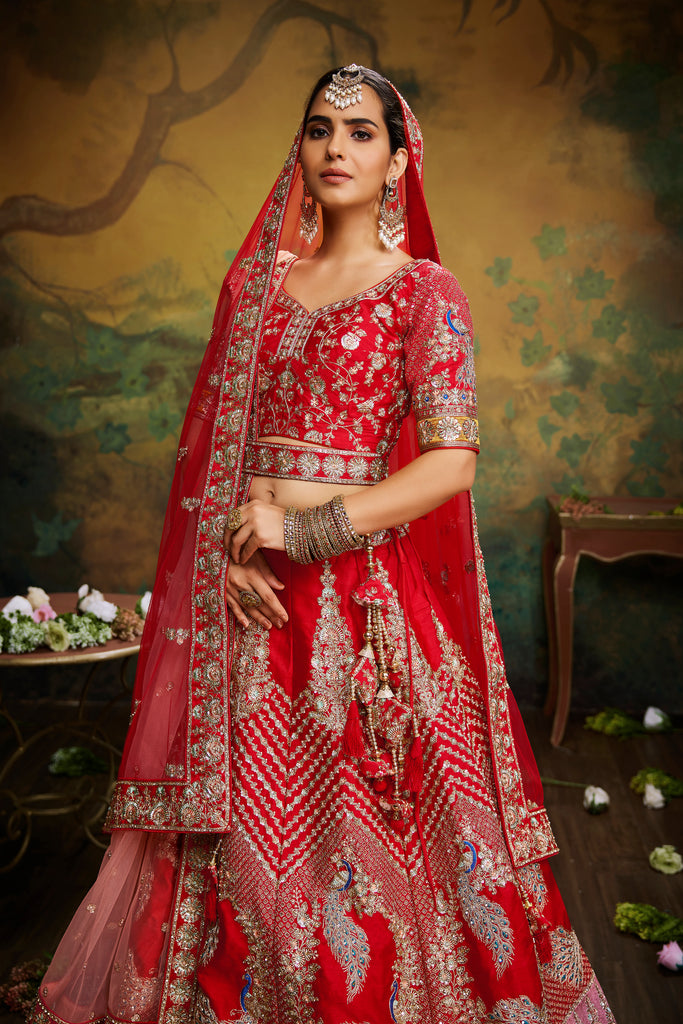 Red Pure Silk Moti & Zarkan heavy embroidery Semi-Stitched Lehenga choli & Dupatta - ClothsVilla.com