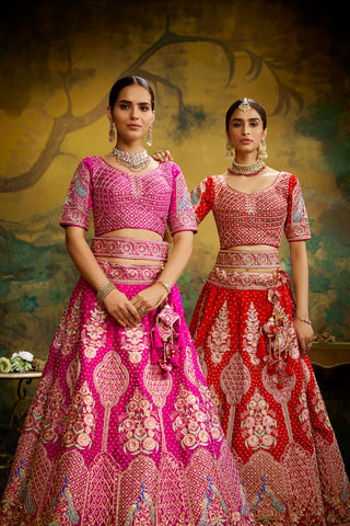 Red Pure Silk Moti & Zarkan heavy embroidery Semi-Stitched Lehenga choli & Dupatta ClothsVilla