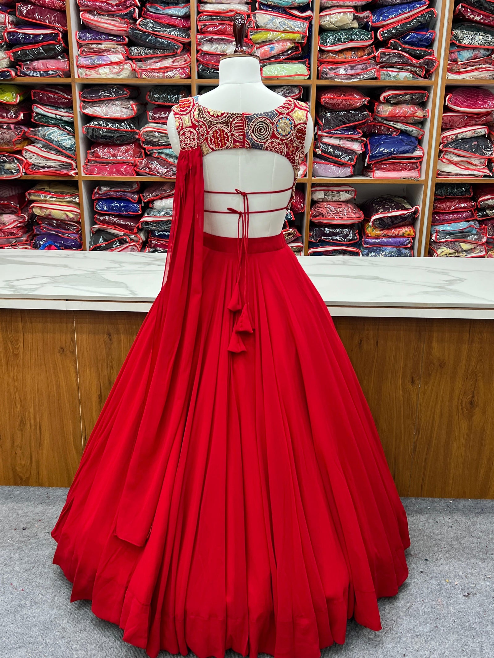 Red Pure Soft Fox Georgette Blooming Lehenga Choli with Fancy Blouse & Dupatta – Fully Stitched, Ready to Wear