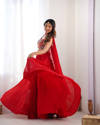 Red Pure Soft Fox Georgette Blooming Lehenga Choli with Fancy Blouse & Dupatta – Fully Stitched, Ready to Wear