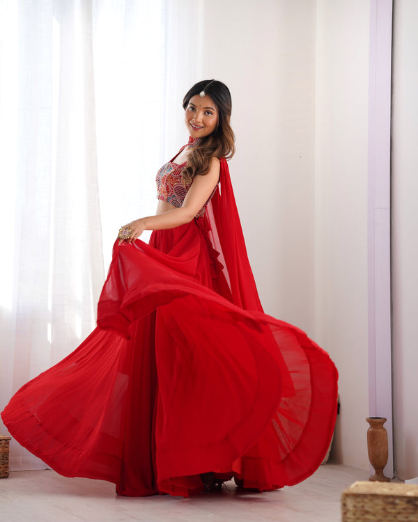 Red Pure Soft Fox Georgette Blooming Lehenga Choli with Fancy Blouse & Dupatta – Fully Stitched, Ready to Wear