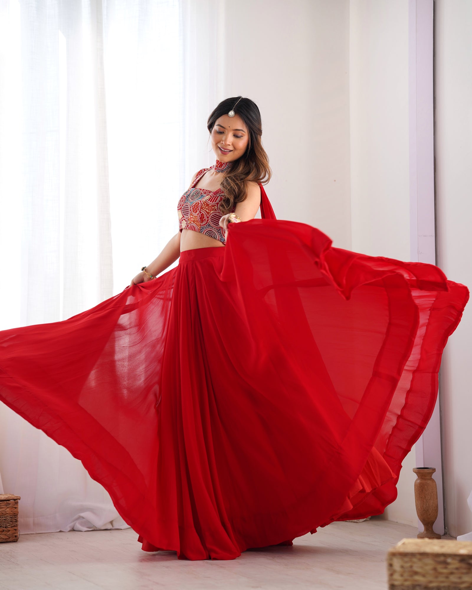 Red Pure Soft Fox Georgette Blooming Lehenga Choli with Fancy Blouse & Dupatta – Fully Stitched, Ready to Wear