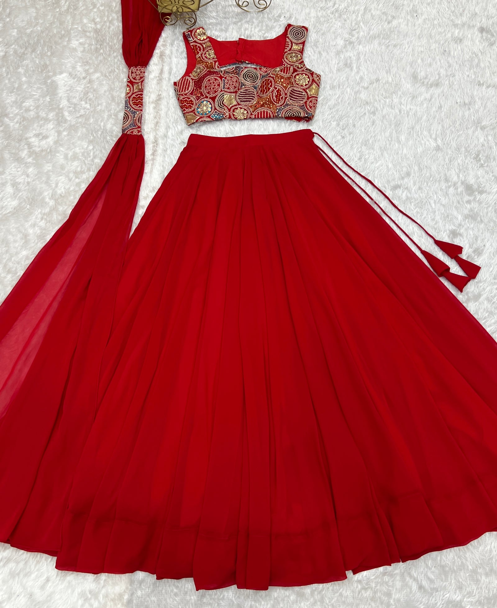Red Pure Soft Fox Georgette Blooming Lehenga Choli with Fancy Blouse & Dupatta – Fully Stitched, Ready to Wear