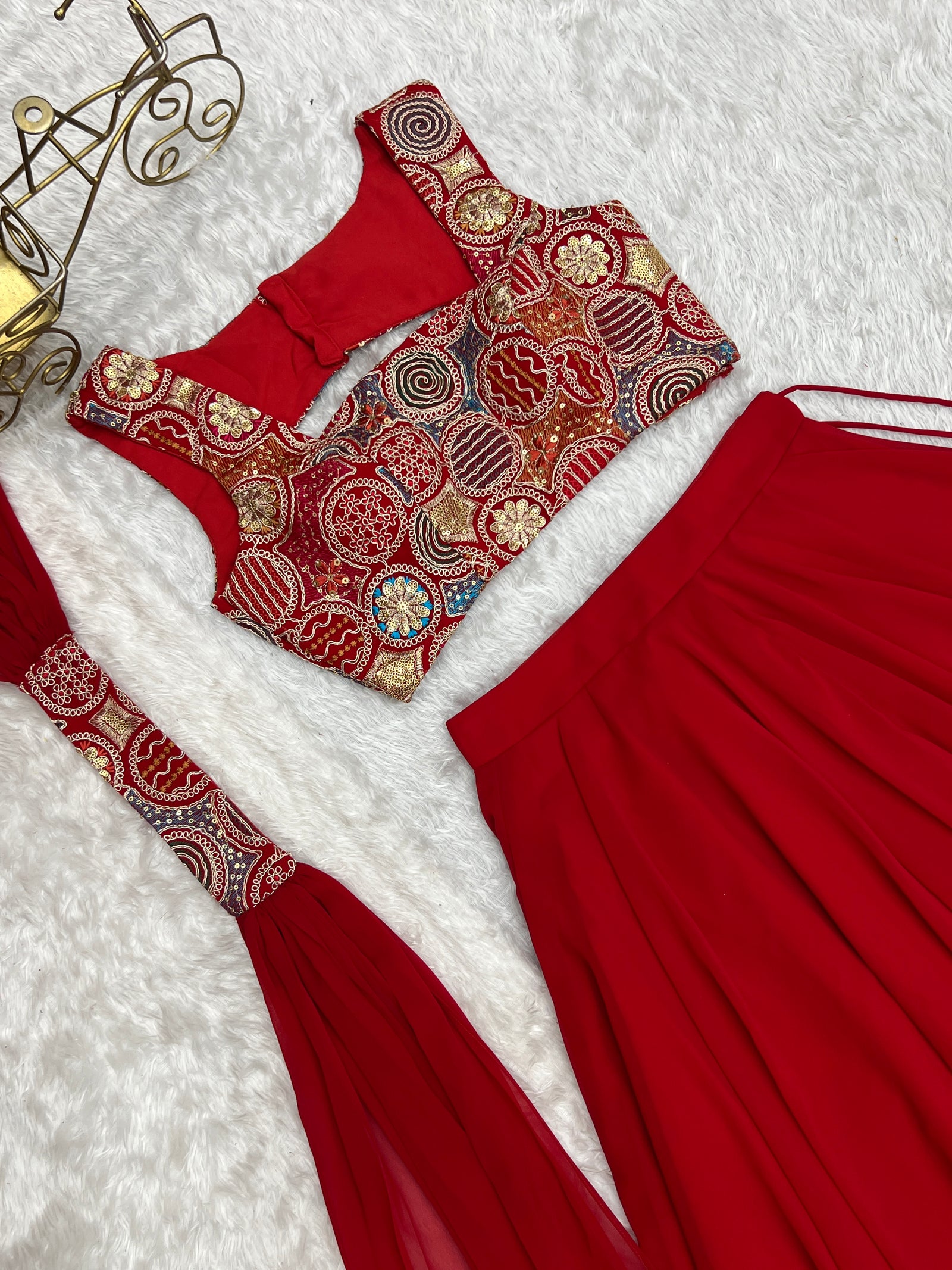 Red Pure Soft Fox Georgette Blooming Lehenga Choli with Fancy Blouse & Dupatta – Fully Stitched, Ready to Wear