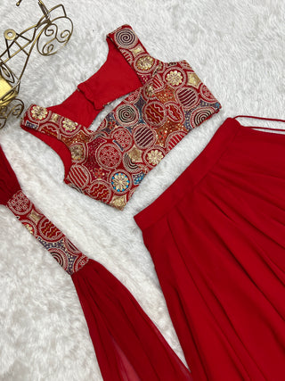 Red Pure Soft Fox Georgette Blooming Lehenga Choli with Fancy Blouse & Dupatta – Fully Stitched, Ready to Wear