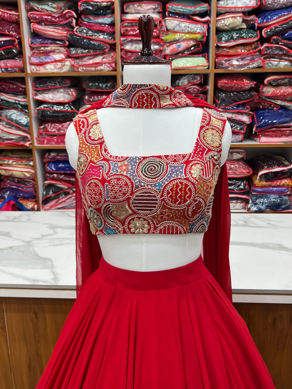 Red Pure Soft Fox Georgette Blooming Lehenga Choli with Fancy Blouse & Dupatta – Fully Stitched, Ready to Wear