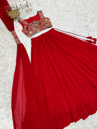 Red Pure Soft Fox Georgette Blooming Lehenga Choli with Fancy Blouse & Dupatta – Fully Stitched, Ready to Wear