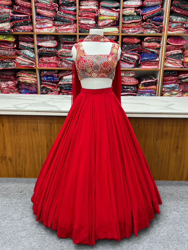 Red Pure Soft Fox Georgette Blooming Lehenga Choli with Fancy Blouse & Dupatta – Fully Stitched, Ready to Wear