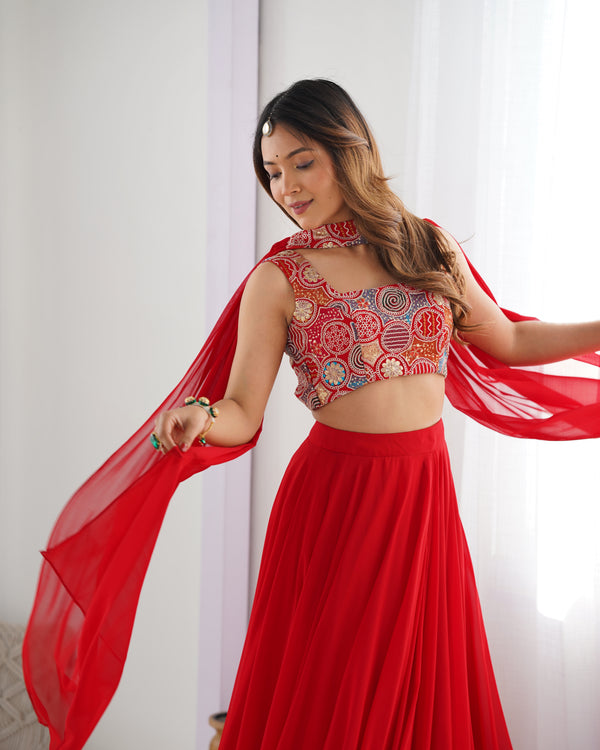 Red Pure Soft Fox Georgette Blooming Lehenga Choli with Fancy Blouse & Dupatta – Fully Stitched, Ready to Wear